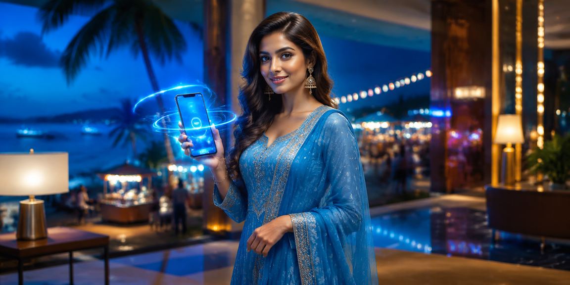 সেন্ট মার্টিনে সালোয়ার কামিজ পরে মোবাইলে ক্যাসিনো ও ভাউচার অ্যাক্সেস করছেন একজন ব্যবহারকারী